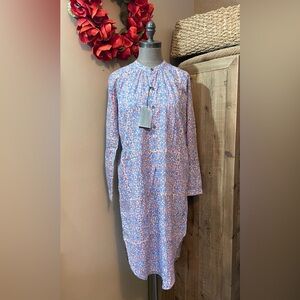 Long-Sleeve Printed Shift Dress in Pink and Blue